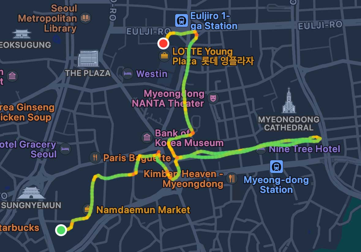 A map showing my early morning walk around Seoul