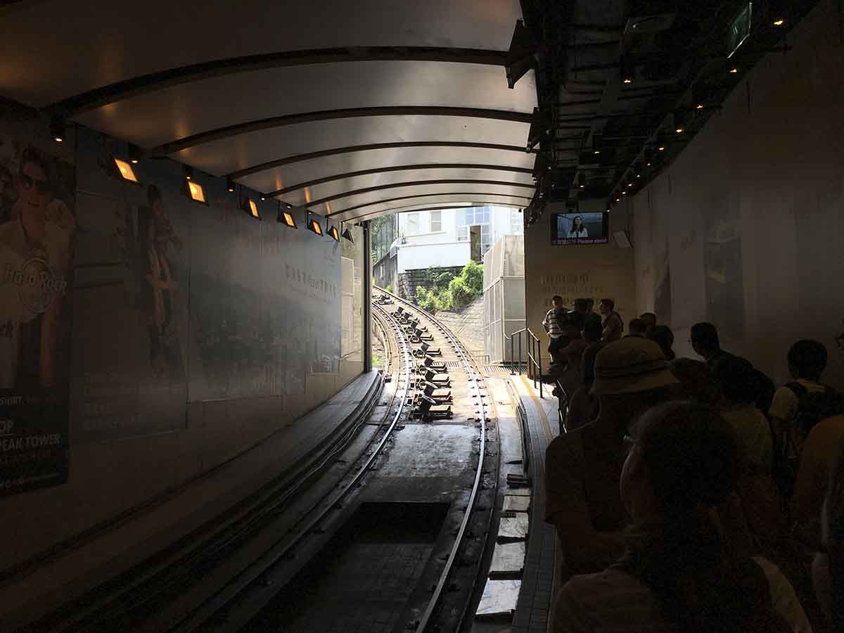 Waiting for the tram up to Victoria peak in Hong Kong