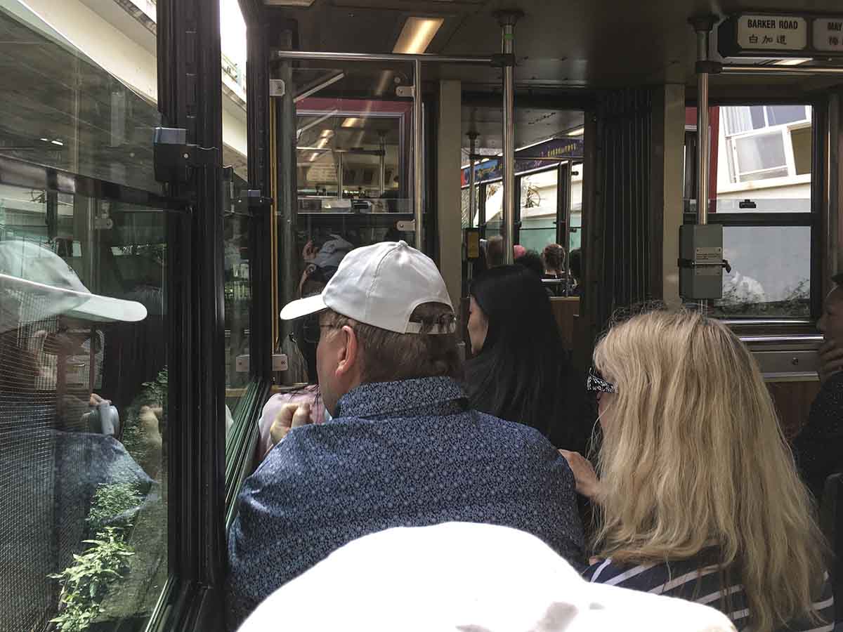 Writing up the tram to Victoria peak in Hong Kong