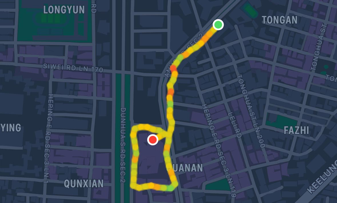 Map showing my walk from the Taipei 101 tower to the Shangri-La hotel