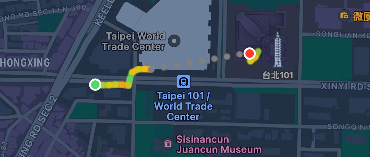 Map showing my walking path from the Madison Hotel to the Taipei 101 tower